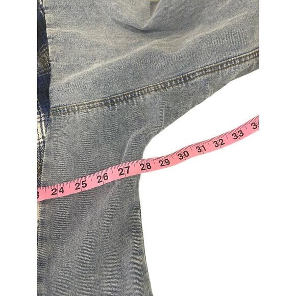 Vici Collection Dance & Marvel Blue Plaid Frayed Denim Jacket Shacket Large - Picture 6 of 9